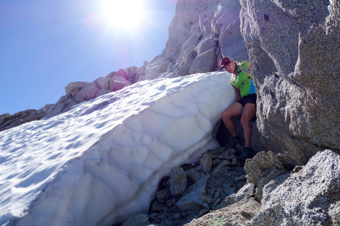 Descending down the gully - careful moves around the moat.