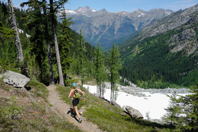 Katy starting down the pass towards Bridge Creek after ascending above Rainbow Lake