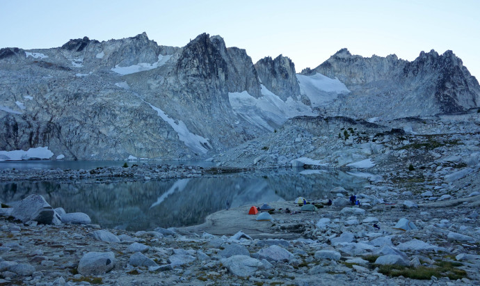 Isolation Lake and the SE Ridge of Dragontail, with Witch's Tower rising at center.