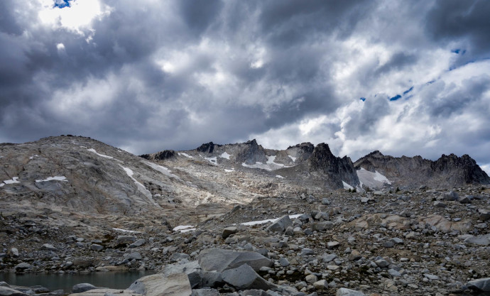 Looking back on the ridgeline we had been exploring all morning from below in the lakes area. Storm clouds were moving in, and we wanted to get off of the exposed terrain.