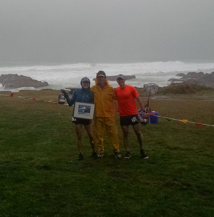 Ely and I at the finish line with James Varner (in the yellow sailor suit)