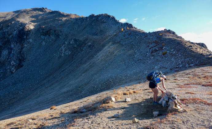 A beautiful and solitary campsite! We'll be alone here! It'll be great! For five minutes. Freezer Peak in the background. The hump in the middle is where Katy and I turned around due to the icy-dew in the morning. srcset=